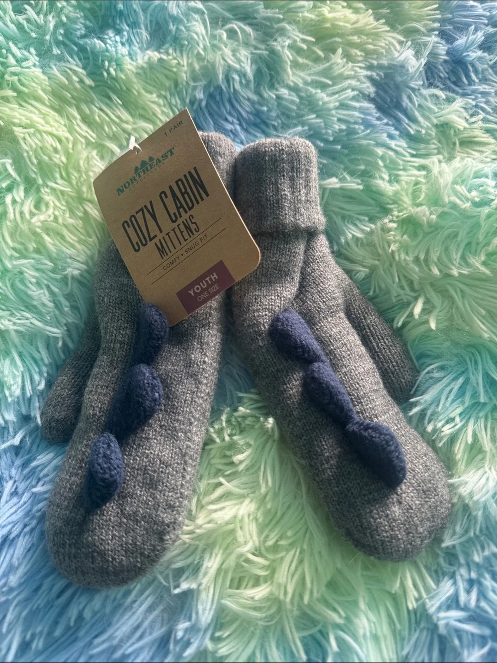 Cozy Cabin Youth Mittens - Gray with Navy Dino Accents